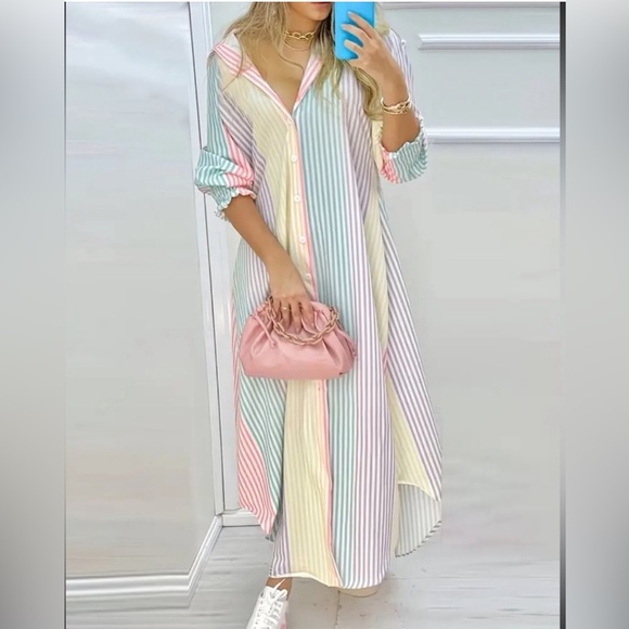 Maxi Shirt Color Block Striped Button Up Dress Long Sleeve Size M - Picture 2 of 3